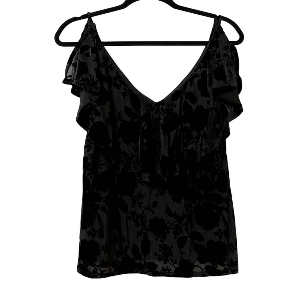 1 State Black Floral Ruffled Neckline Velvet Top Womens XS Romantic Whimigoth